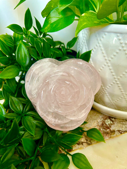 Rose Quartz Rose Carved Heart